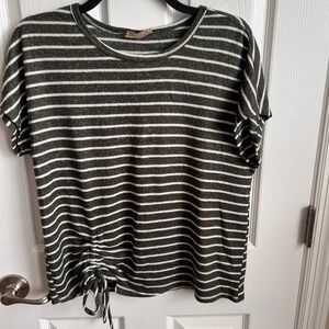 Lavish Striped Olive Green White Knit Top‎ with Drawstring - Size M